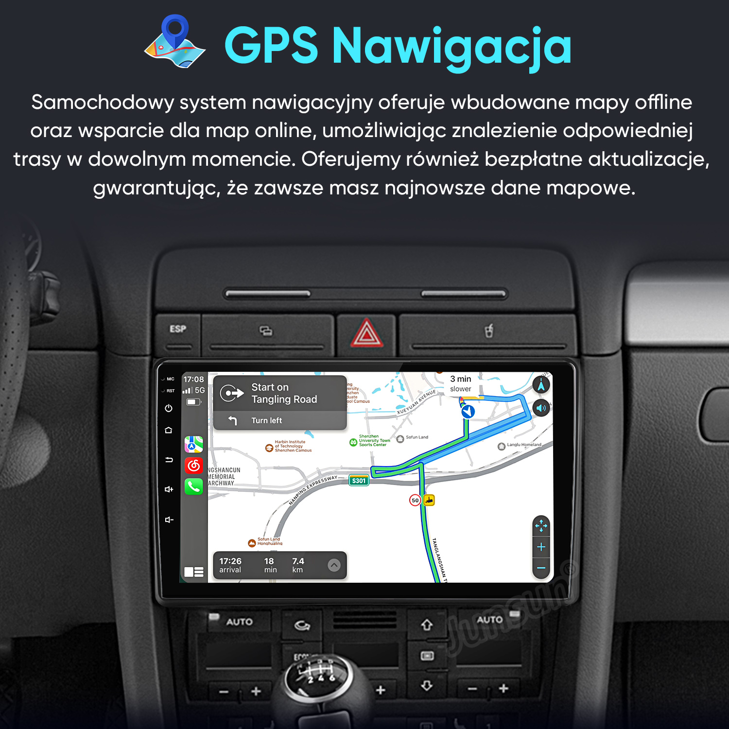 Deska rozdzielcza samochodu wyświetlająca ekran nawigacji GPS z trasą.