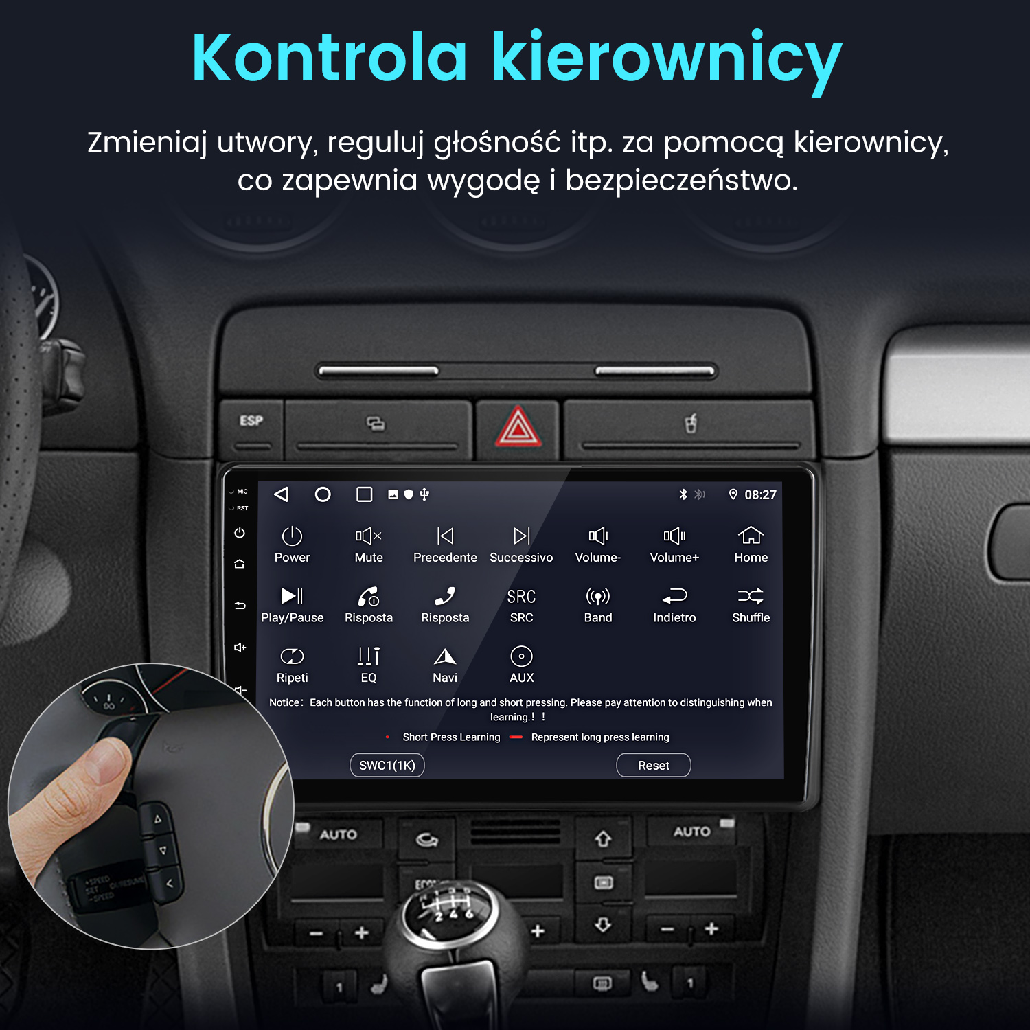 Palec naciska przycisk na kierownicy samochodu. Wyświetlany jest system infotainment.