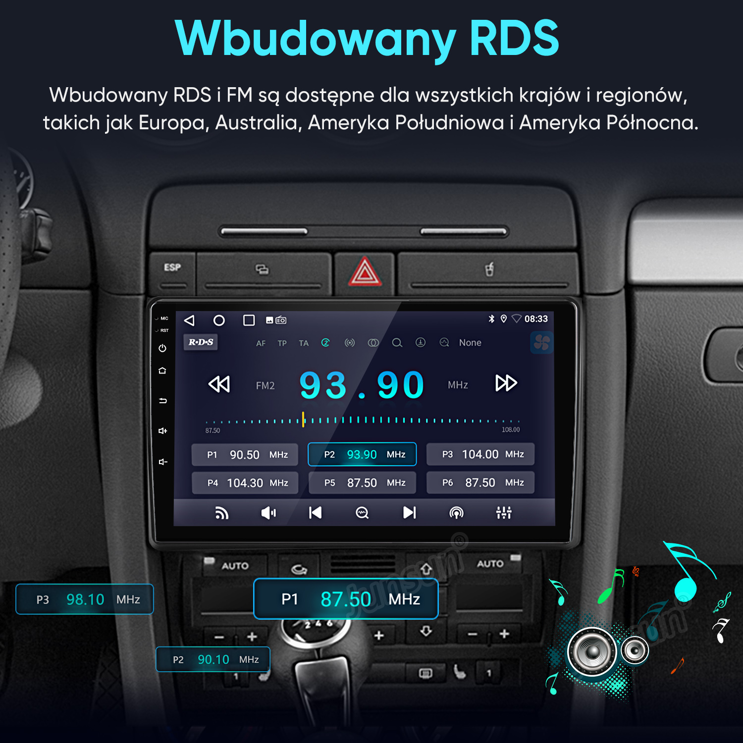 Wyświetlacz radia samochodowego pokazuje stacje, głośność i czas.