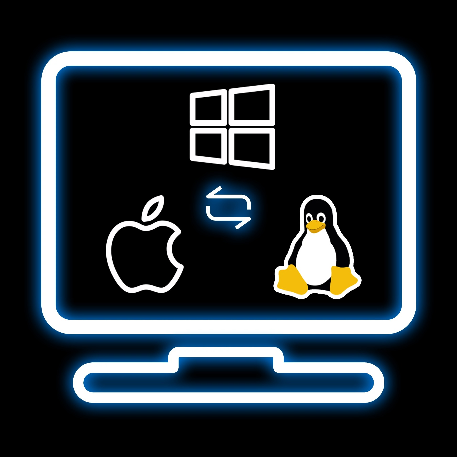 Ekran monitora z logo Apple, Windows i Linux oraz strzałką wymiany.