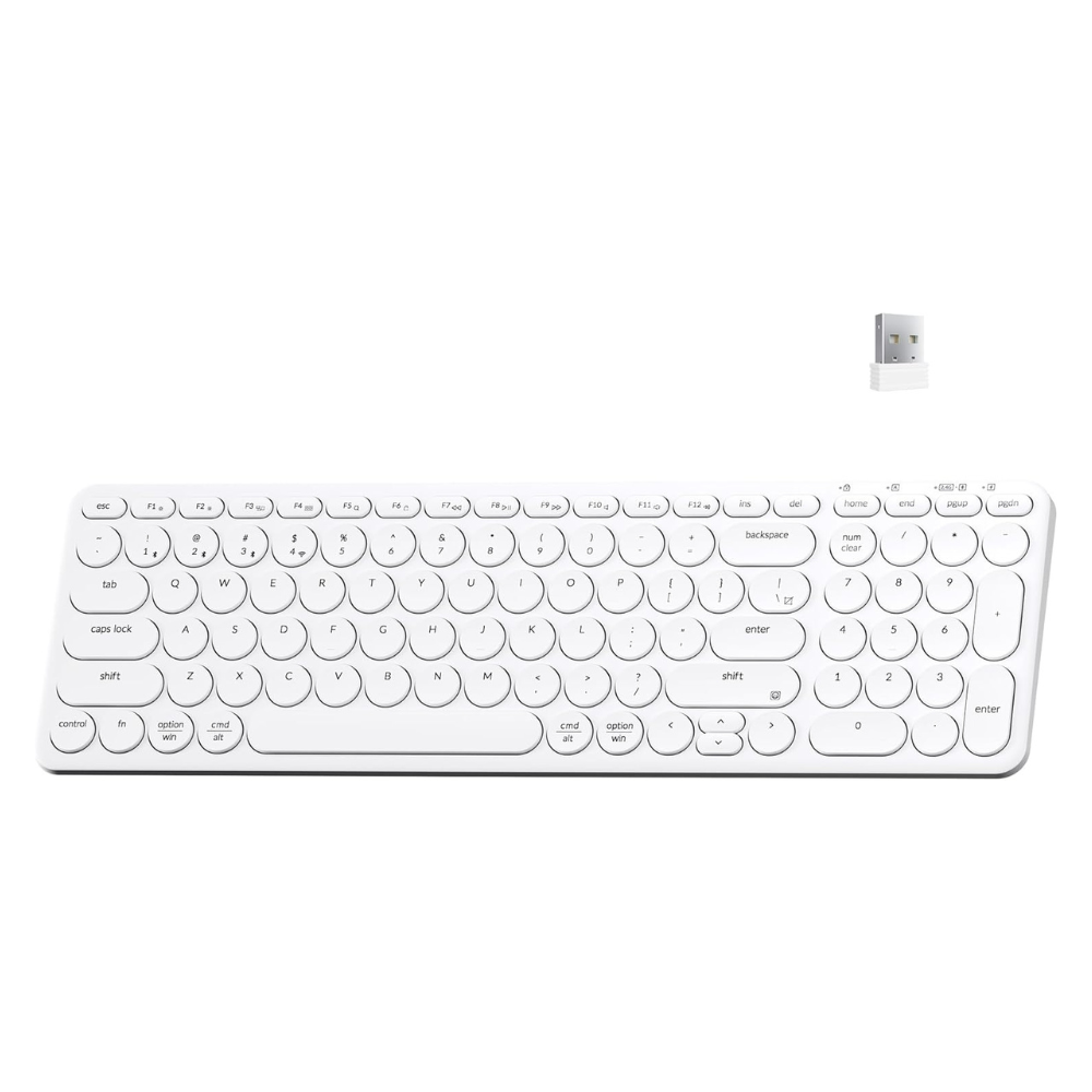 Biały, okrągły zestaw klawiatury i myszy z odbiornikiem USB.