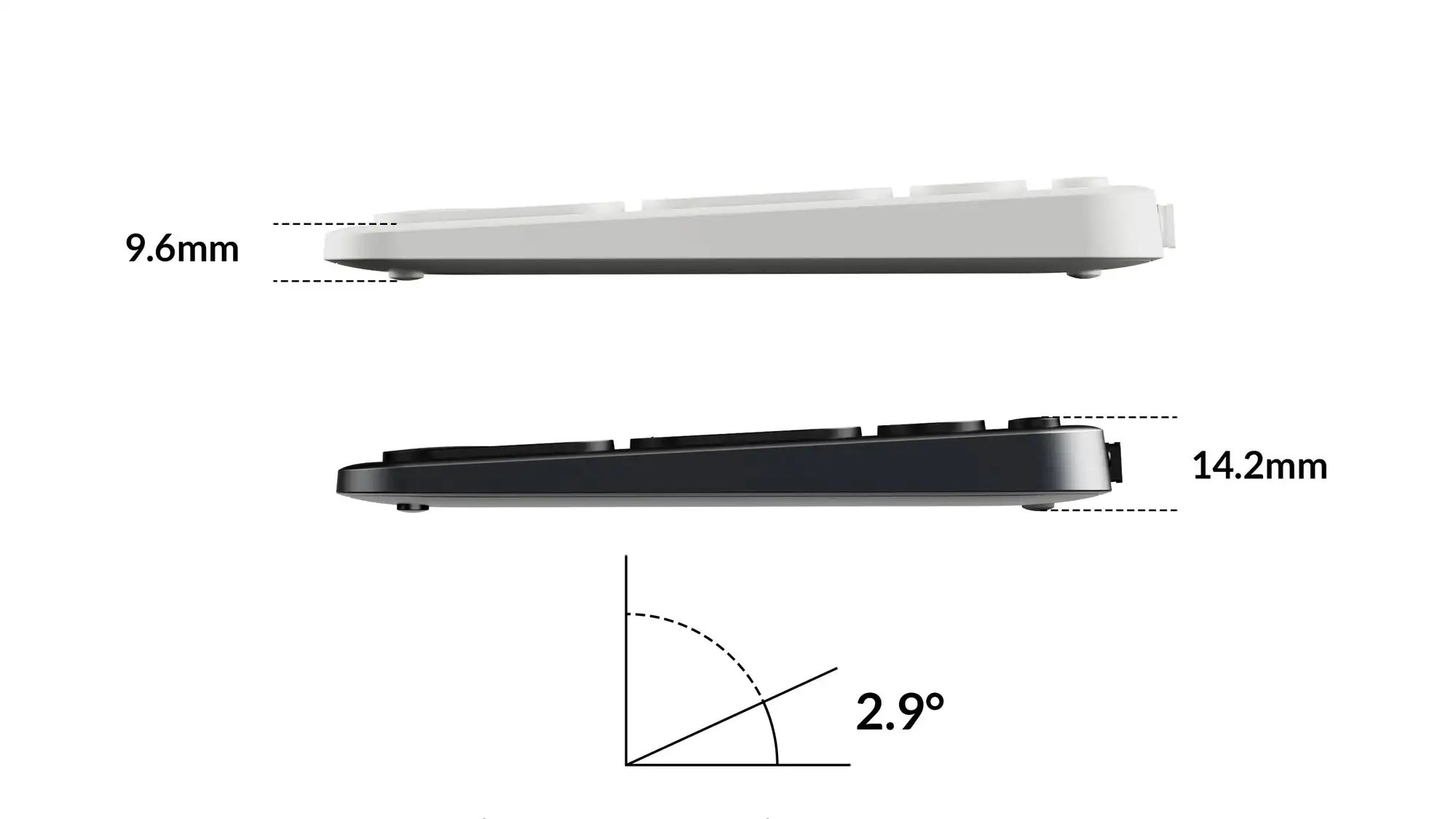 Biała i czarna klawiatura obok siebie, z wymiarami i wskaźnikiem kąta.