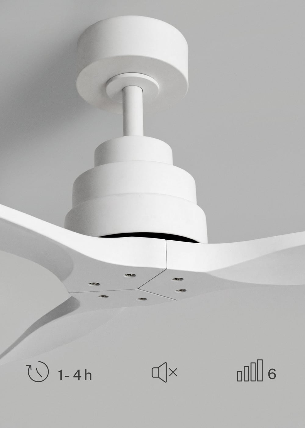 Primer plano de ventilador de techo blanco con iconos de temporizador, volumen y nivel.