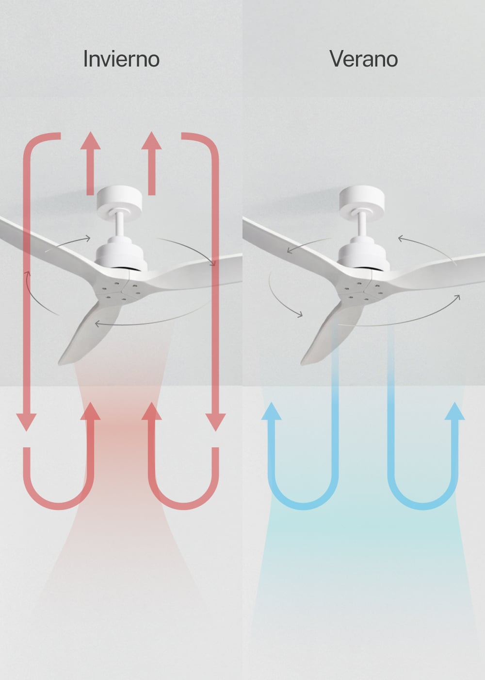 Ventilador de techo con flechas rojas para invierno (aire arriba) y azules para verano (aire abajo).