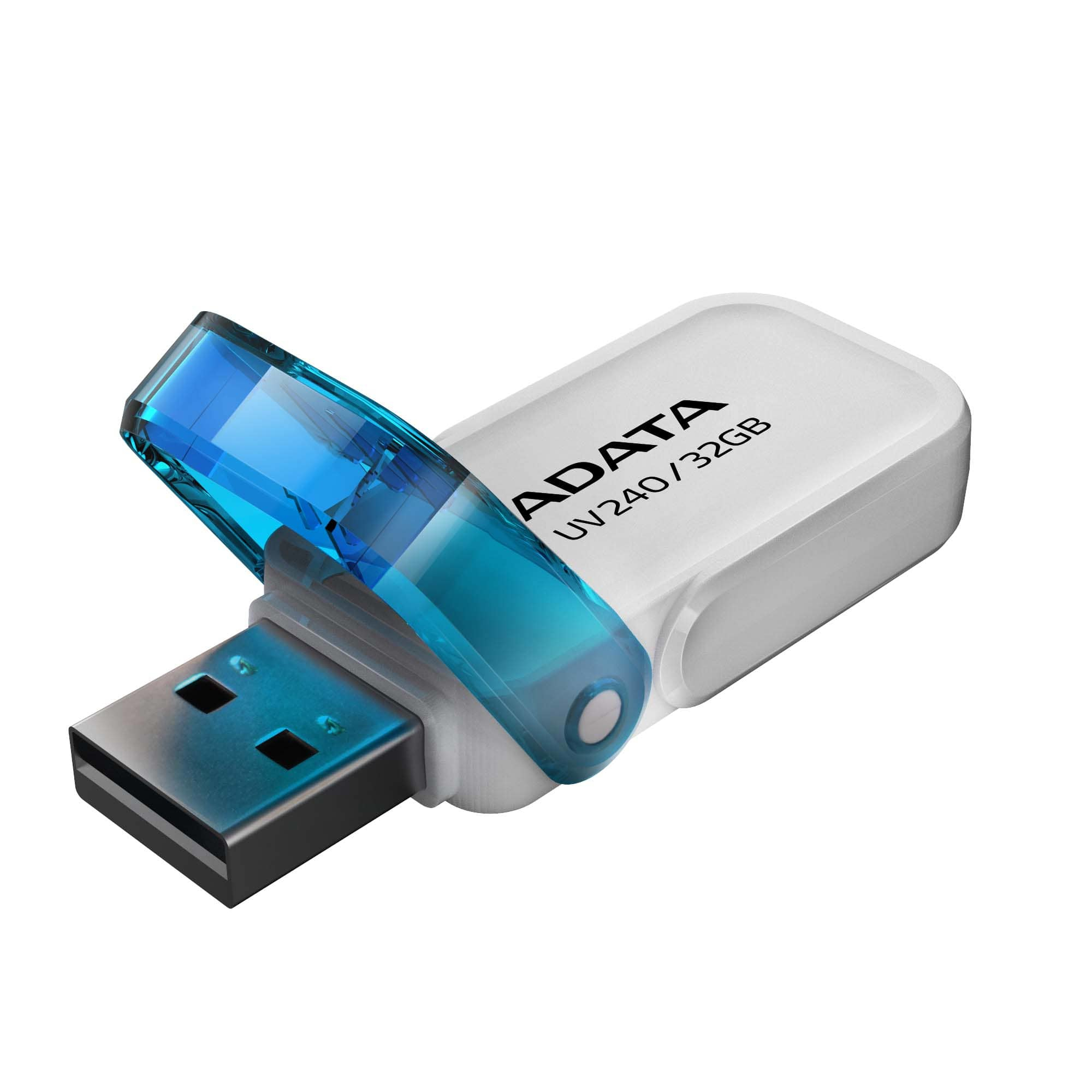 Un'unità USB bianca con cappuccio blu a ribalta e logo ADATA.