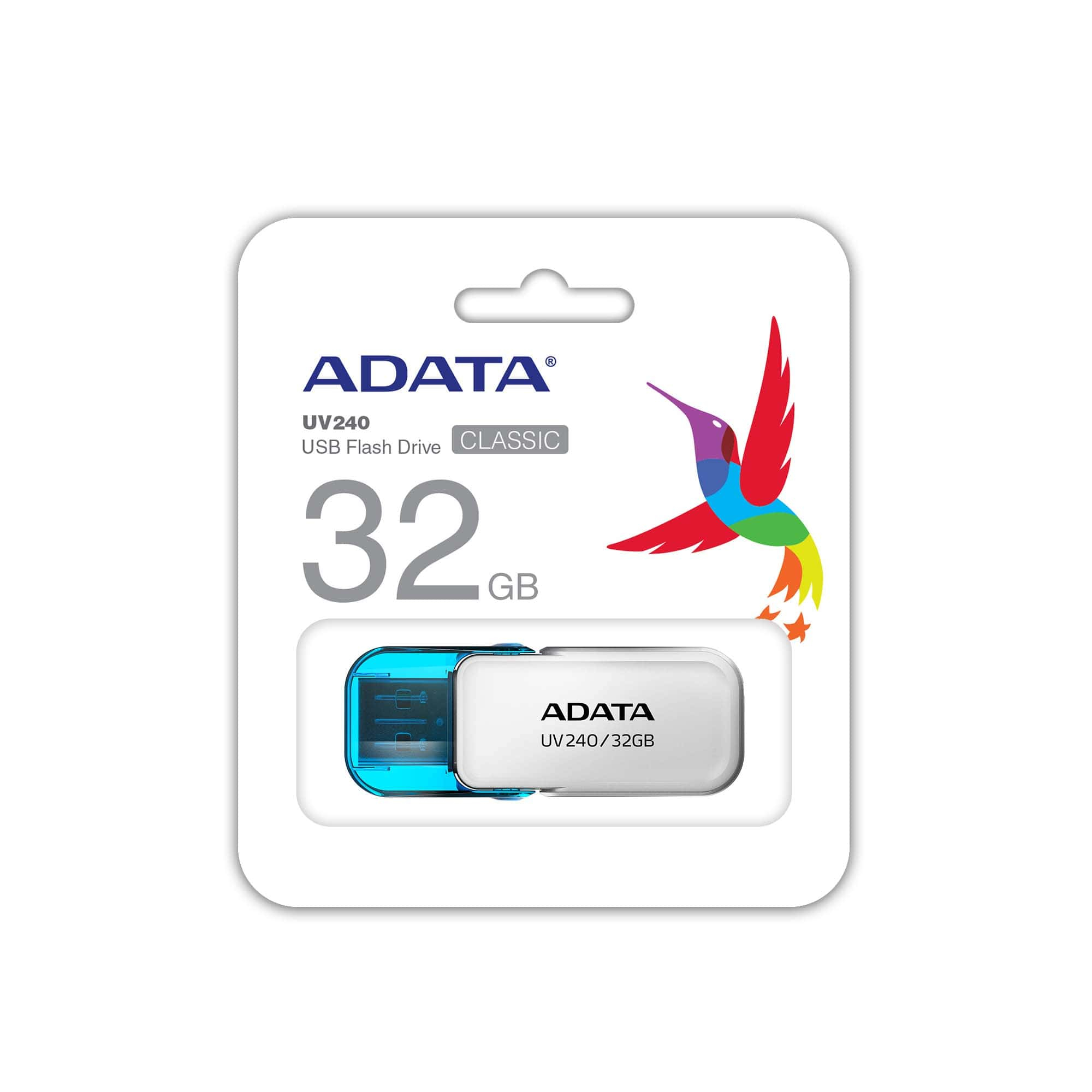Chiavetta USB ADATA da 32GB in confezione con design di colibrì colorato.