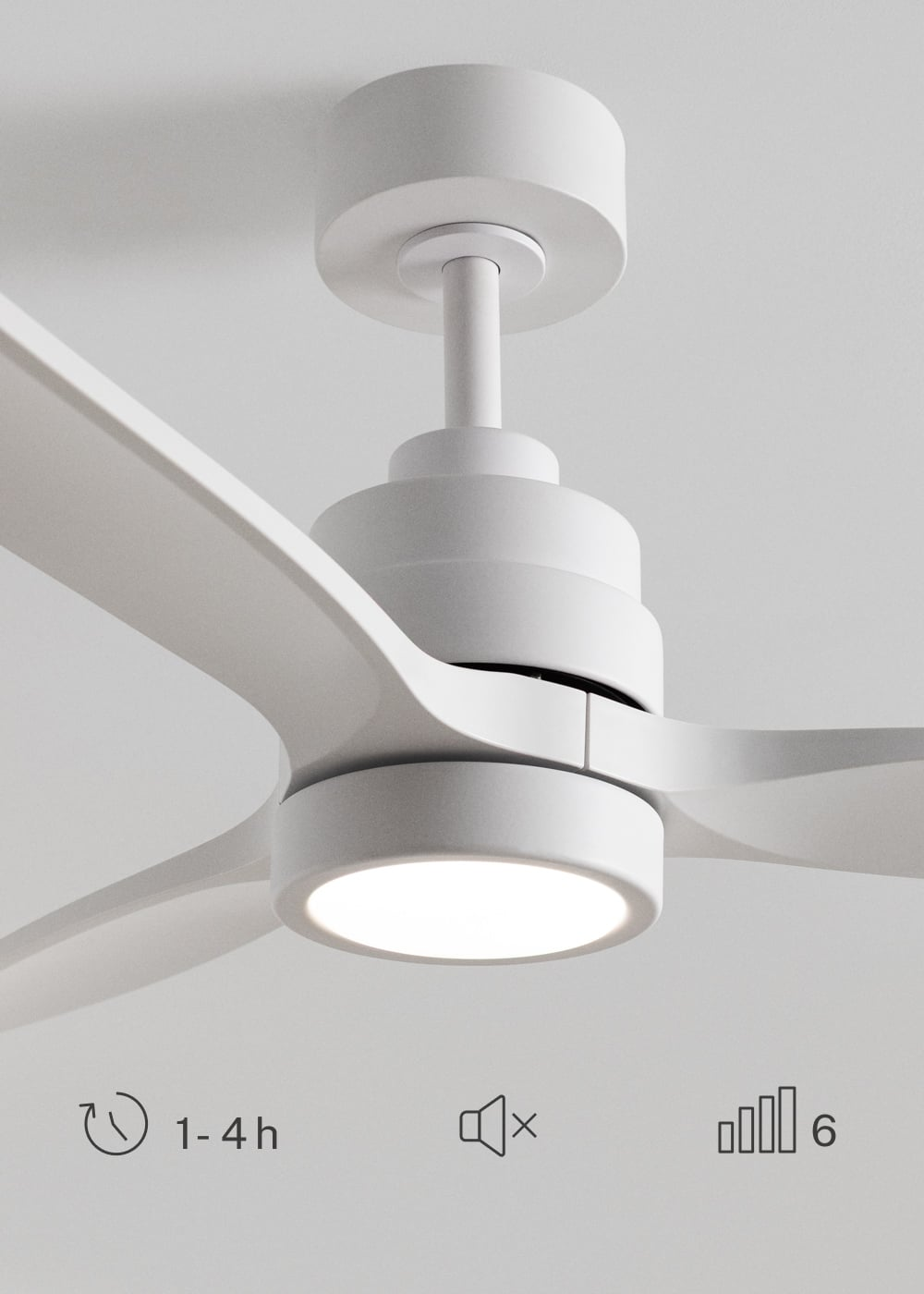 Un ventilador de techo blanco moderno con luz LED integrada.