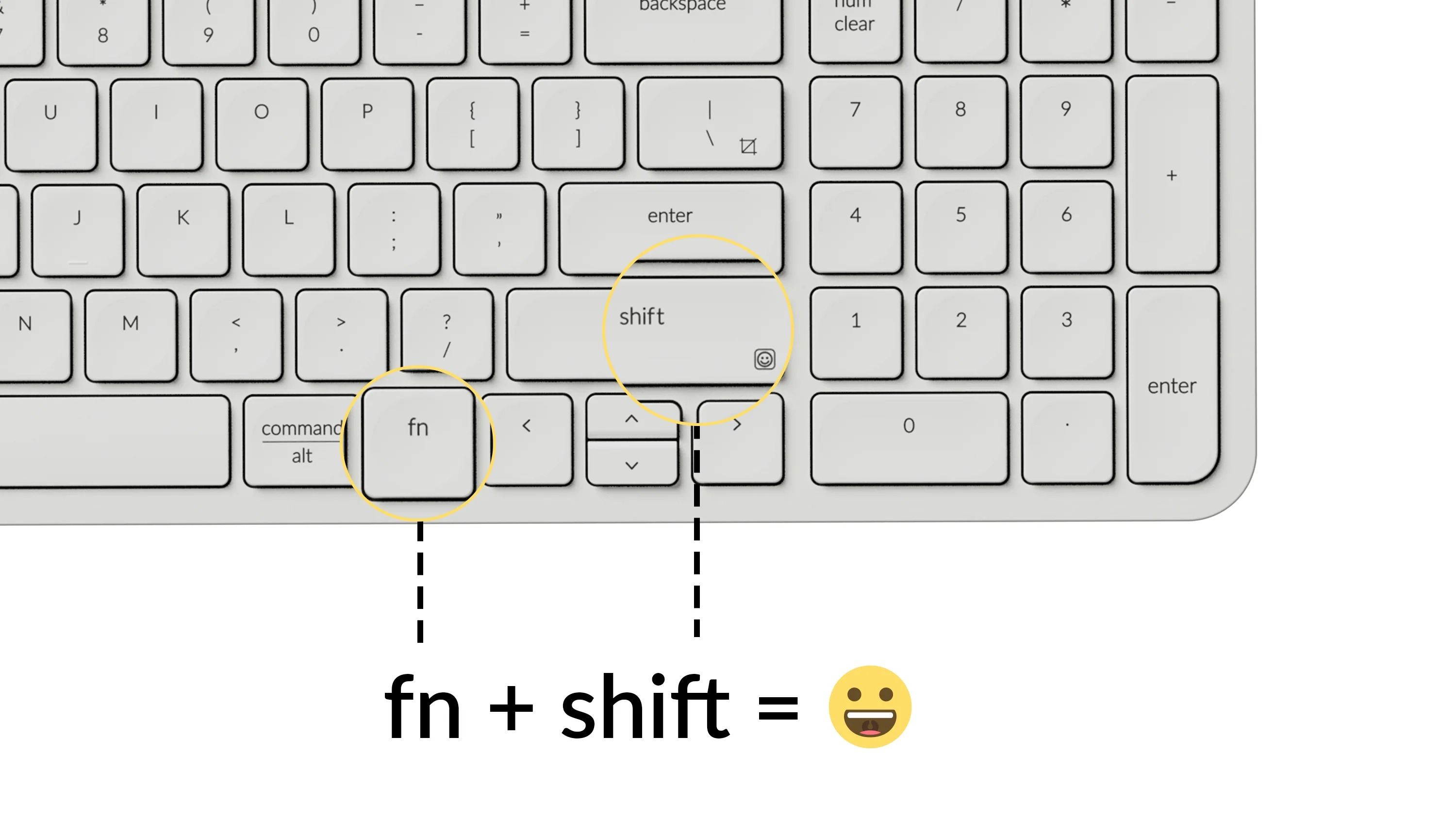 Zbliżenie klawiatury z podświetlonymi klawiszami Fn i Shift.