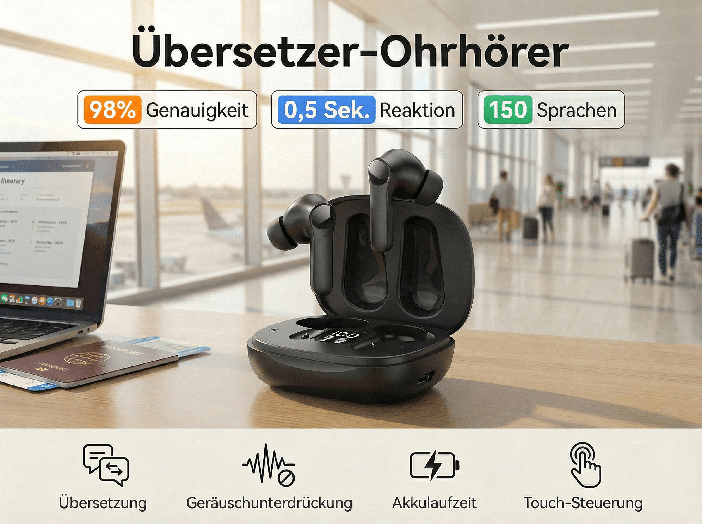 Übersetzer-Ohrhörer mit Ladecase, Laptop und Reisepass am Flughafen.