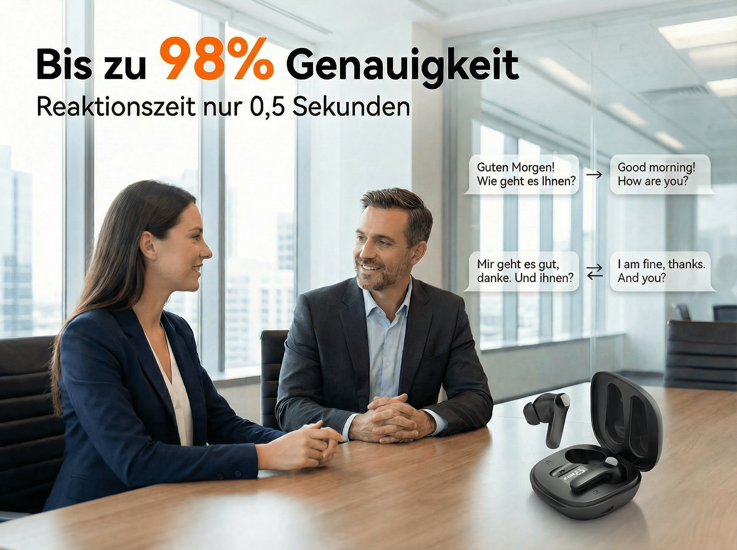 Zwei Personen sitzen an einem Tisch. Ein Kopfhörer-Set liegt auf dem Tisch.