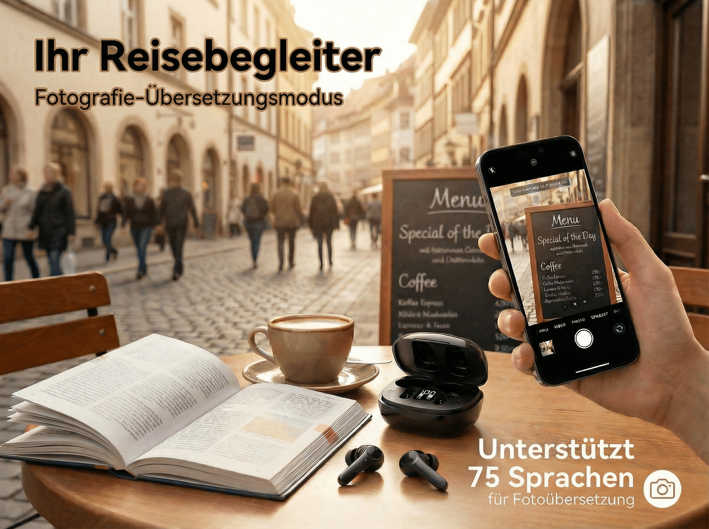 Ein Tisch mit Buch, Kaffee, Ohrhörern und Handy in einer Stadt.
