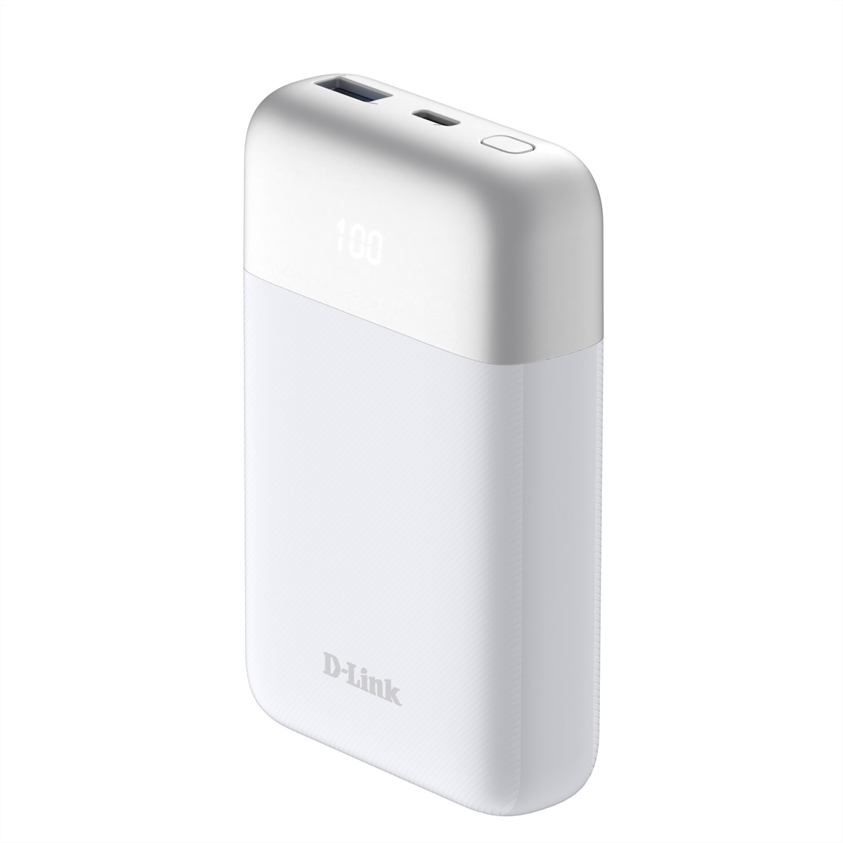 Weiße Powerbank mit 100% Ladestandanzeige und D-Link Logo.