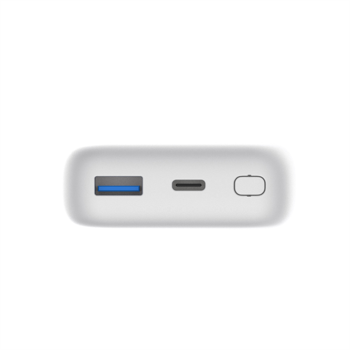 Ein weißes Powerbank-Gerät mit einem USB-A-, einem USB-C- und einem runden Anschluss.
