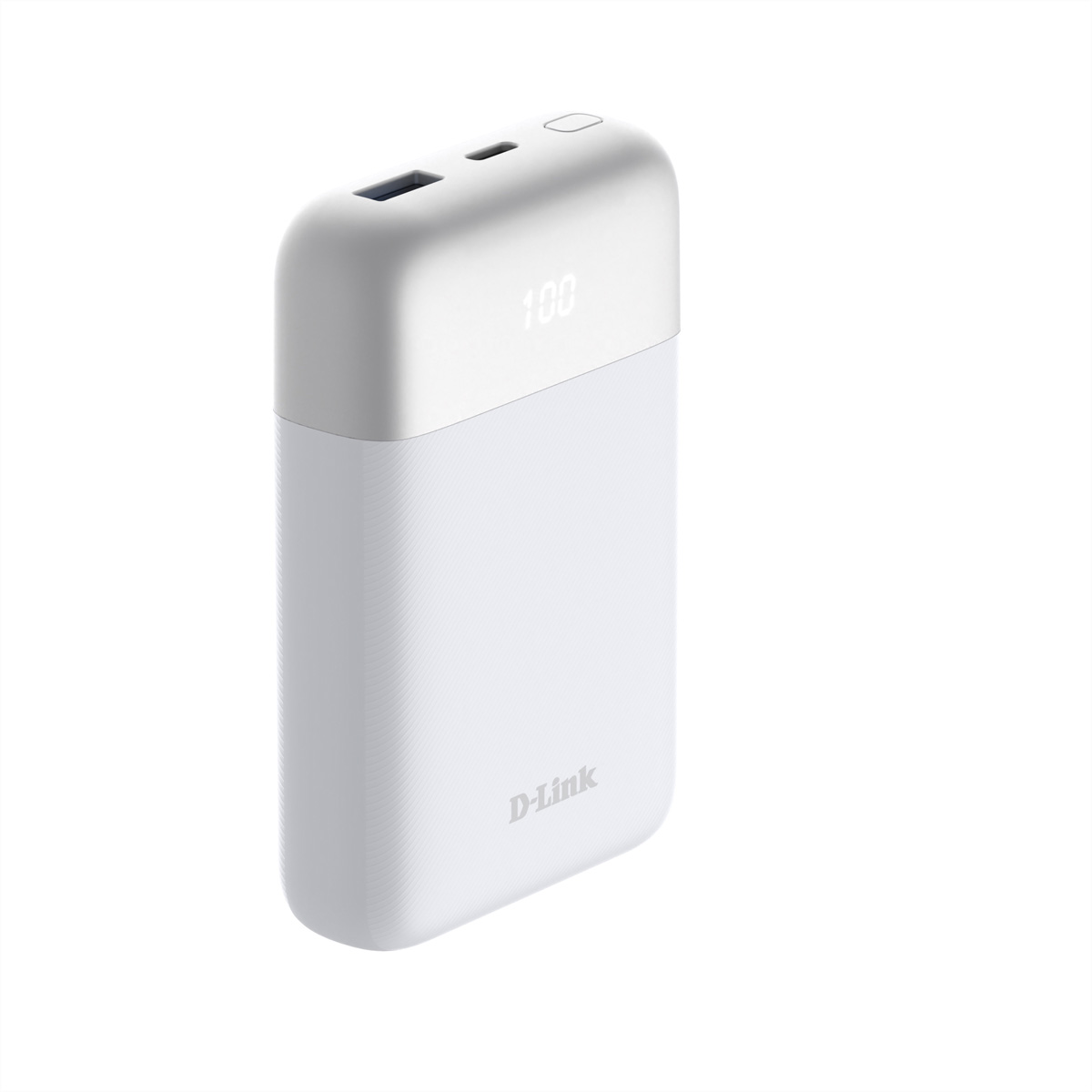 Ein weißer D-Link Powerbank mit einem digitalen Display, das 100 anzeigt.