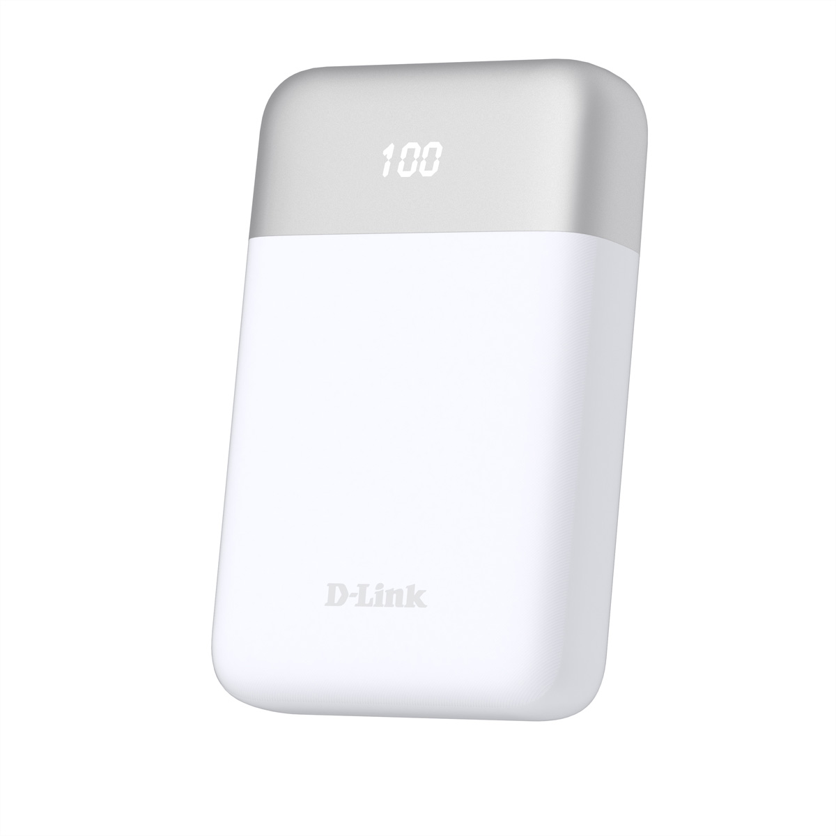 Weiße D-Link Powerbank mit silberner Oberseite, die "100" anzeigt.