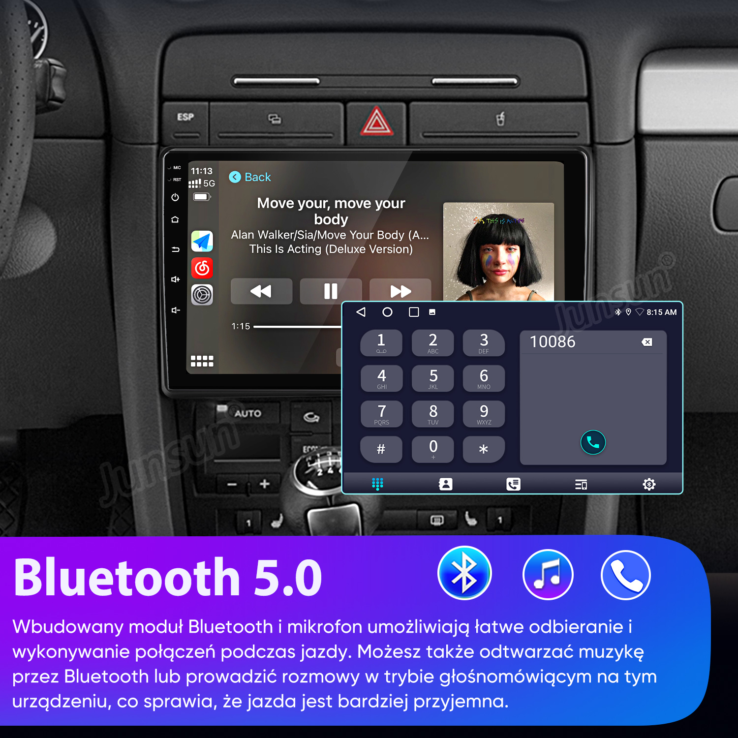Wyświetlacz samochodowy pokazuje odtwarzanie muzyki, klawiaturę telefonu i Bluetooth 5.0.
