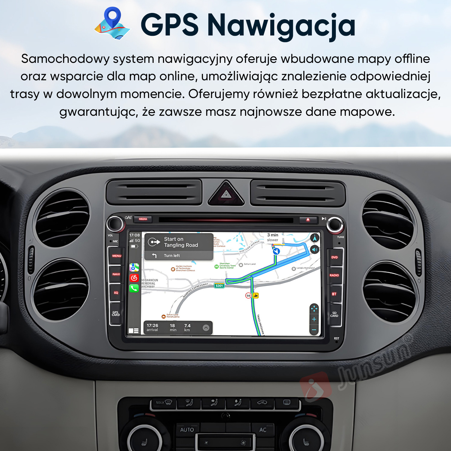 Deska rozdzielcza samochodu z systemem nawigacji GPS pokazującym trasę.