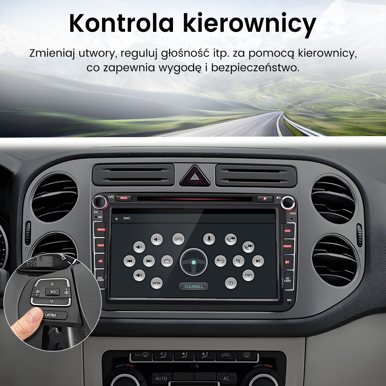 Palec naciska przycisk na kierownicy samochodu. Widoczny jest system multimedialny.