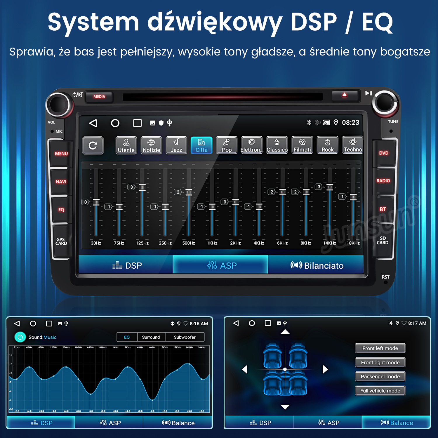 Samochodowe radio DSP/EQ z ustawieniami equalizera i trybami dźwięku.
