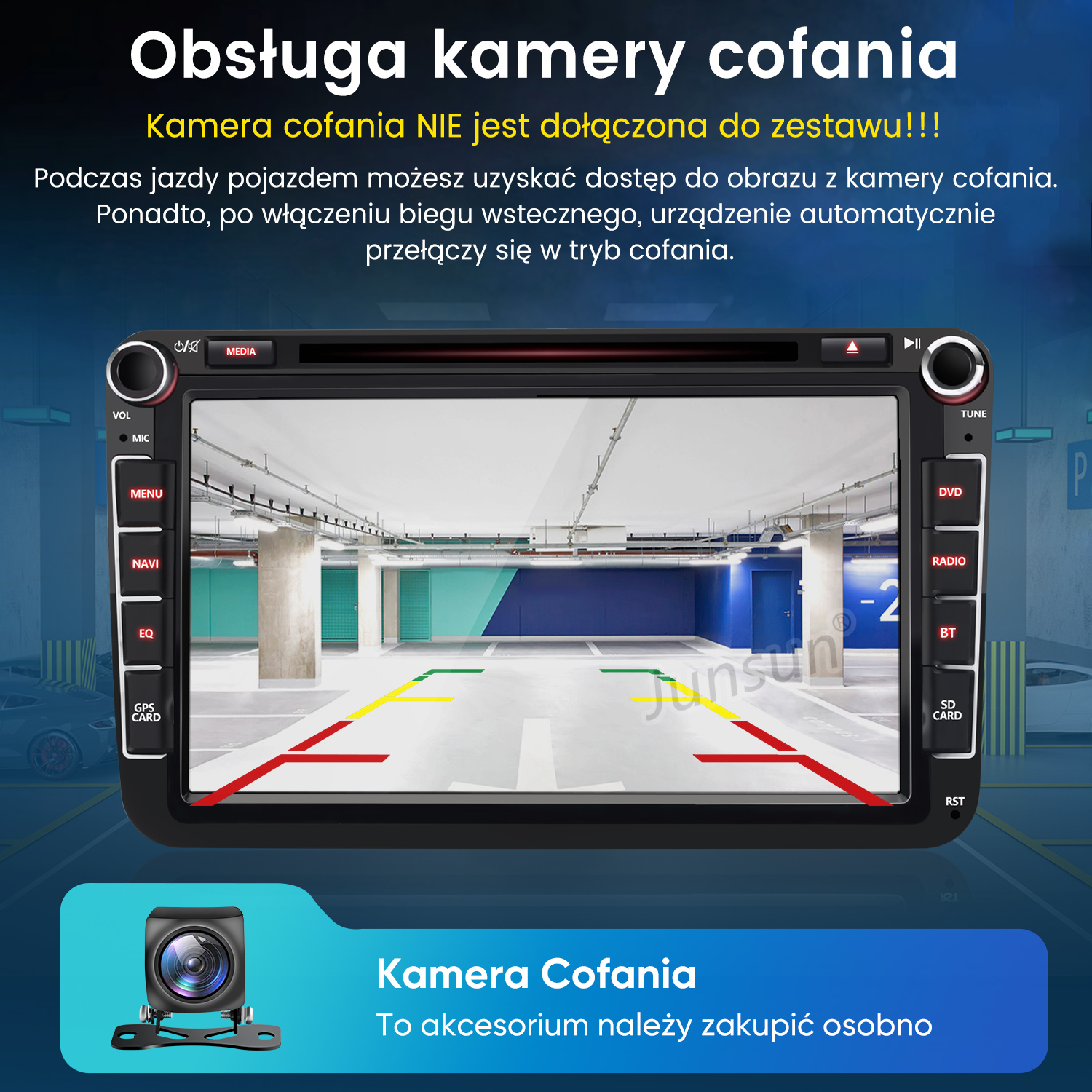 Radio samochodowe wyświetla widok z kamery cofania parkingu z liniami pomocniczymi.