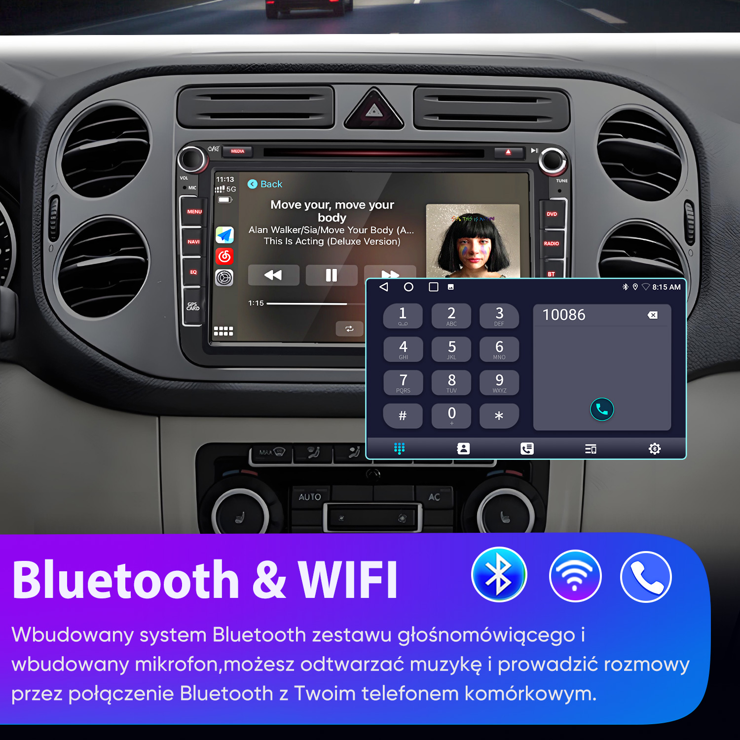 Wnętrze samochodu z ekranem multimedialnym, pokazującym muzykę i klawiaturę.