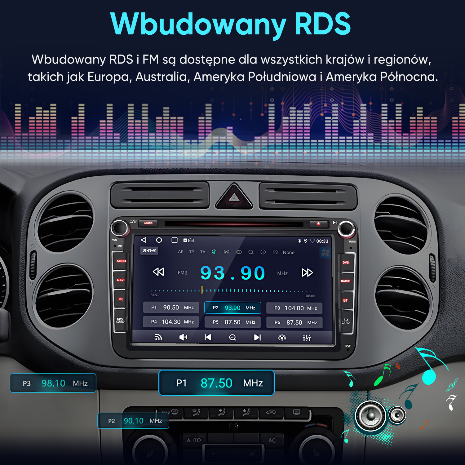 Ekran radia samochodowego wyświetla częstotliwości i przyciski, z grafiką fali muzycznej w tle.
