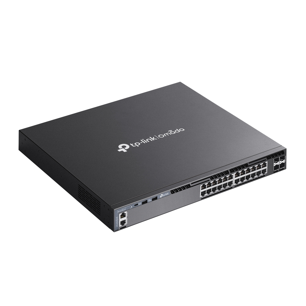Un switch réseau TP-Link Omada noir avec 24 ports et deux ports SFP.