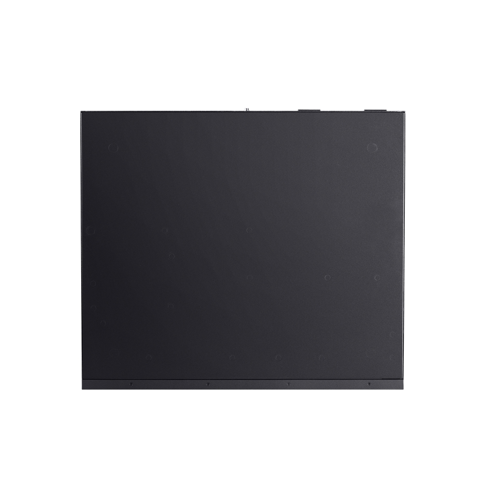 Boîtier rectangulaire gris foncé avec vis et boutons visibles sur le dessus.