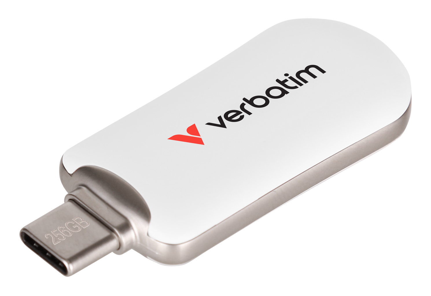 Una chiavetta USB-C bianca con logo Verbatim e scritta 256GB.