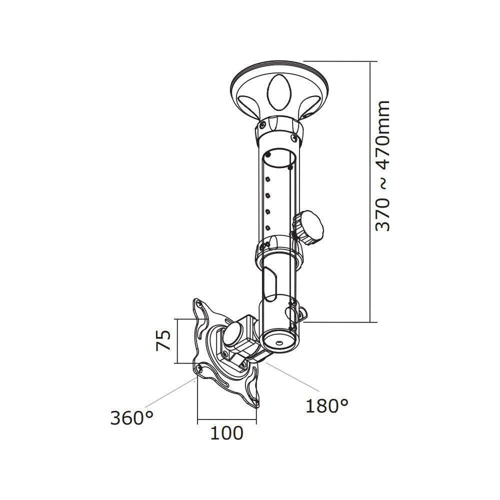 Dessin technique d'un support de plafond avec dimensions : hauteur 370-470mm, largeur 75mm et 100mm, rotation 360/180 degrés.