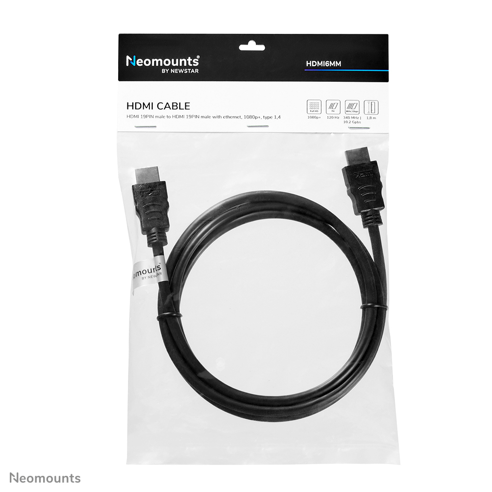 Zwarte HDMI-kabel met beide uiteinden in plastic verpakking.