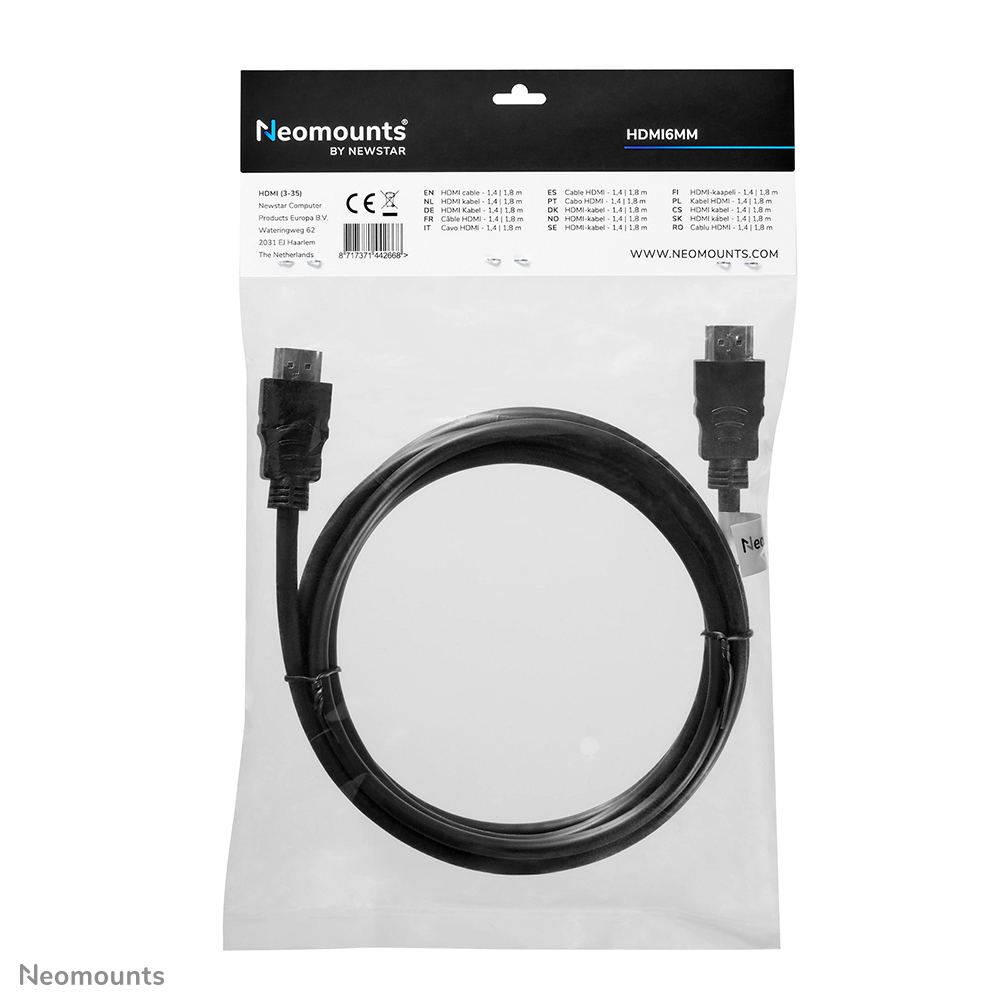 Zwarte HDMI kabel met connectoren in verpakking met Neomounts logo.