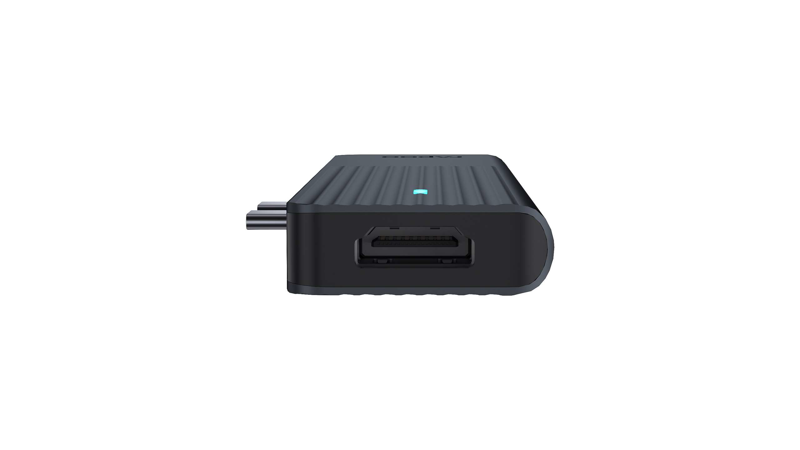 Dispositivo elettronico nero con superficie scanalata e indicatore LED blu.