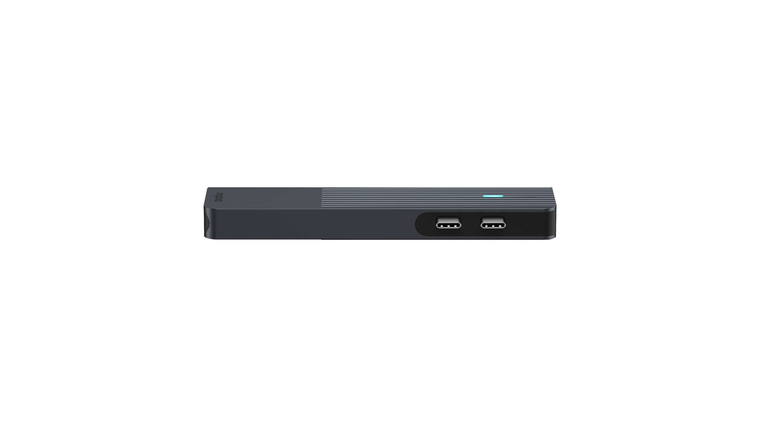 Un hub USB-C rettangolare scuro con due porte e una luce LED blu.