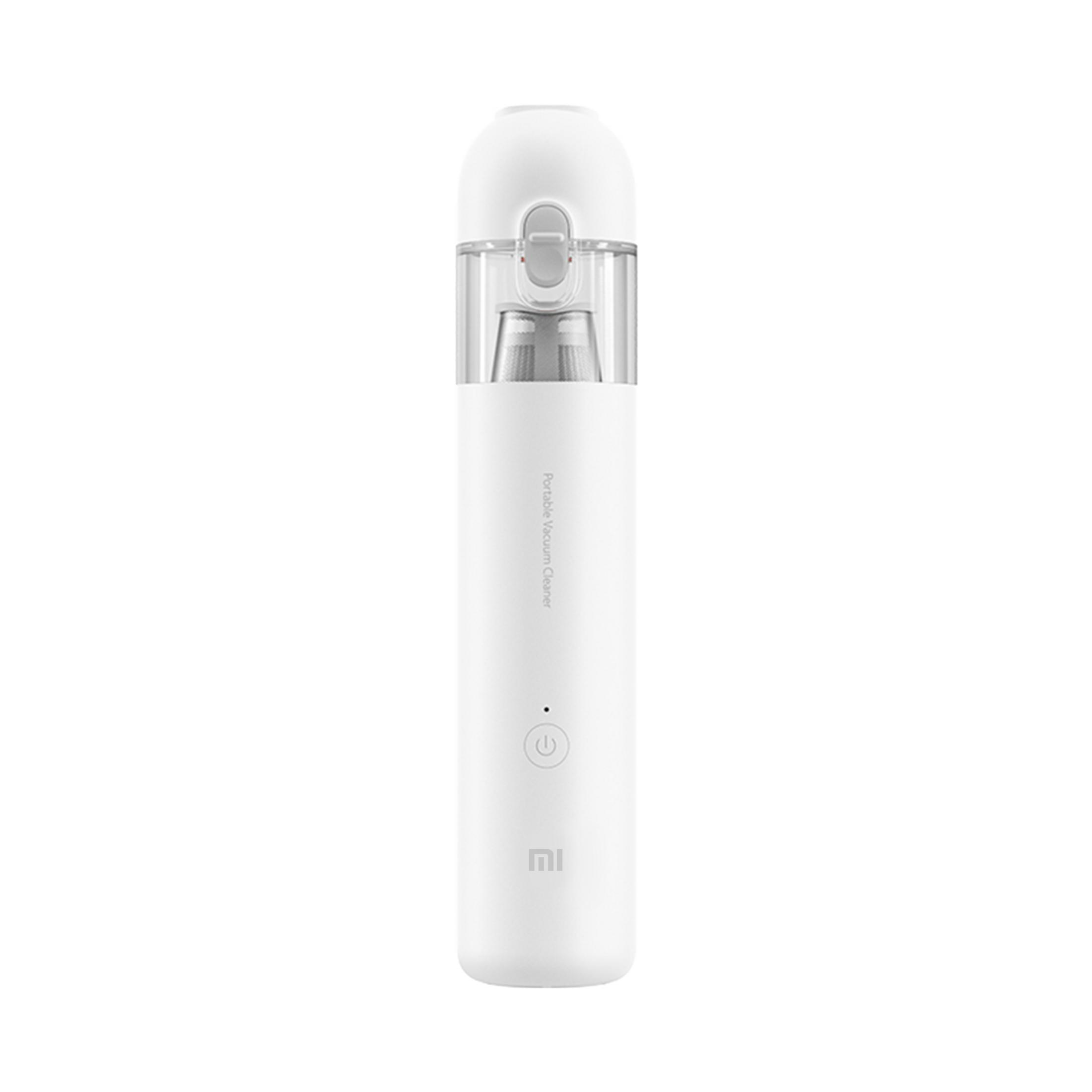 Un aspirapolvere portatile bianco con contenitore trasparente e filtro argentato.