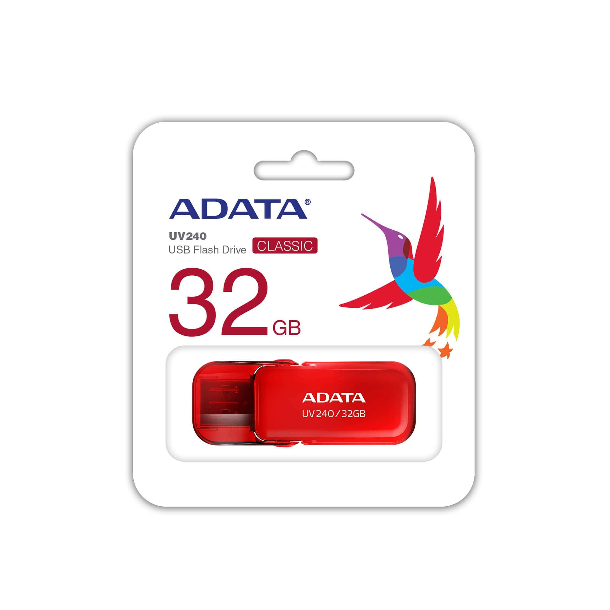 Rote ADATA 32GB USB-Flash-Drive-Verpackung mit Kolibri-Grafik.