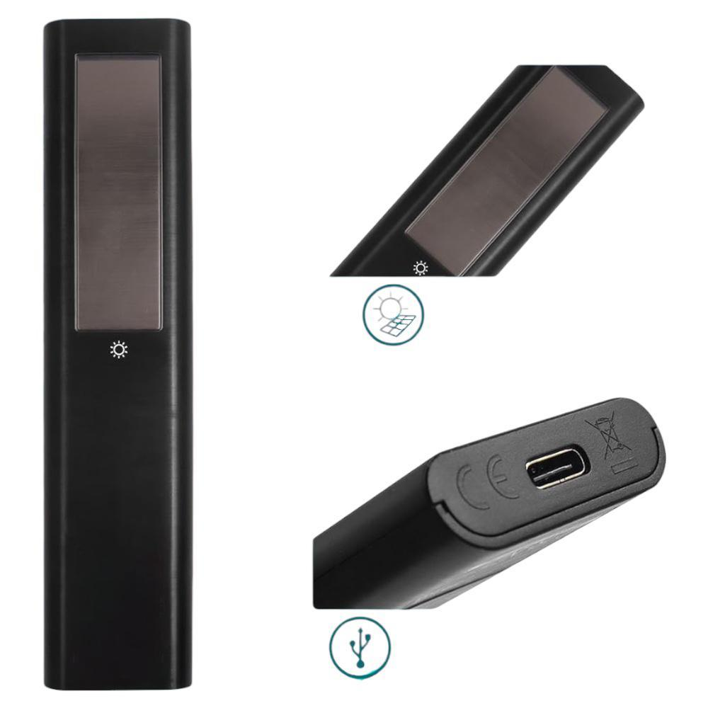 Güneş panelli ve USB portlu siyah uzaktan kumanda. Güneş ve USB simgeleri.