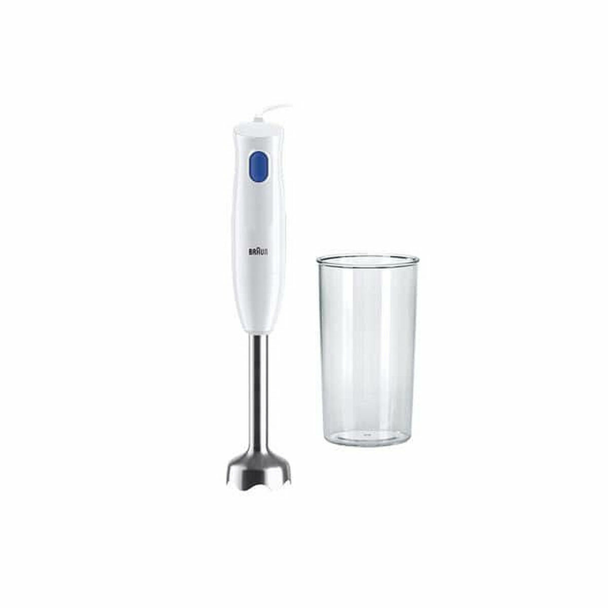Un frullatore a immersione bianco con pulsante blu accanto a un bicchiere.