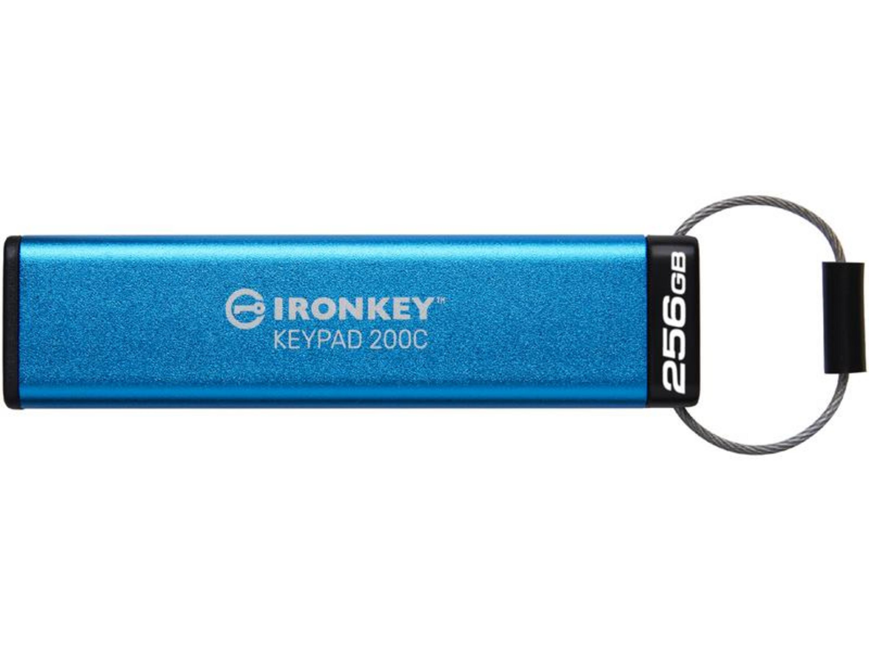 Ein blauer USB-Stick mit 256 GB und einem Schlüsselring.