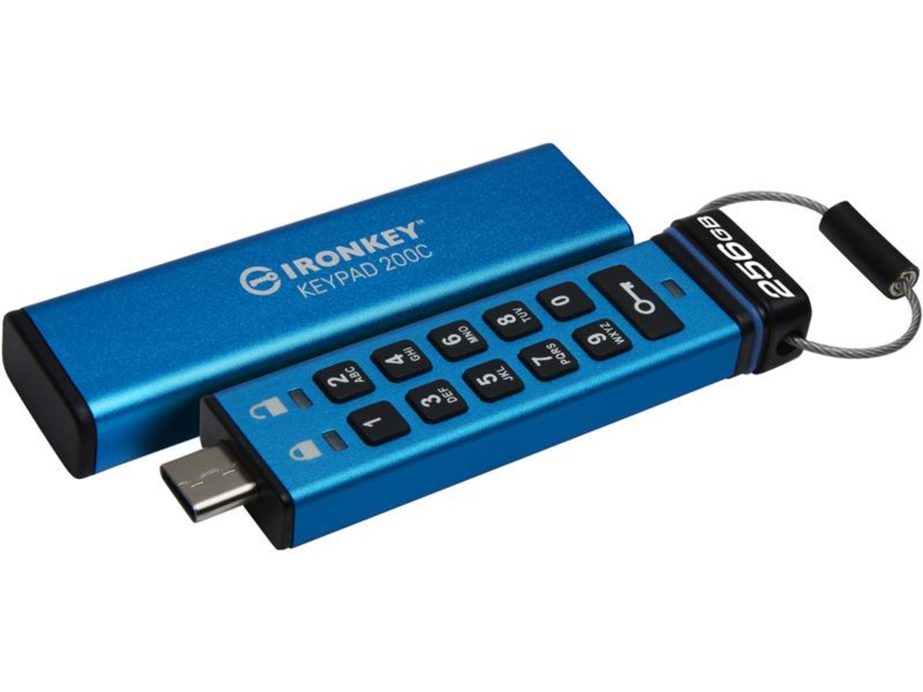 Blauer USB-Stick mit Tastatur, 256GB, "IronKey Keypad 200C".