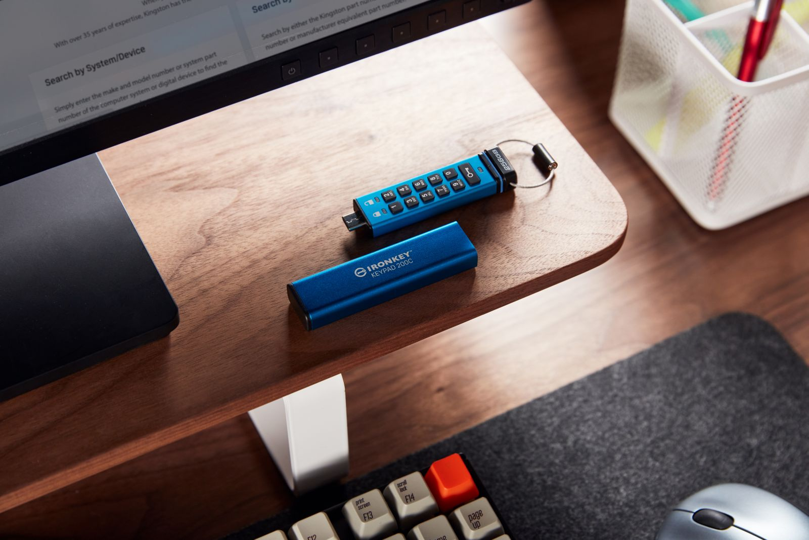 Zwei blaue USB-Sticks liegen auf einem Holzschreibtisch. Einer ist ein Keypad 200C.