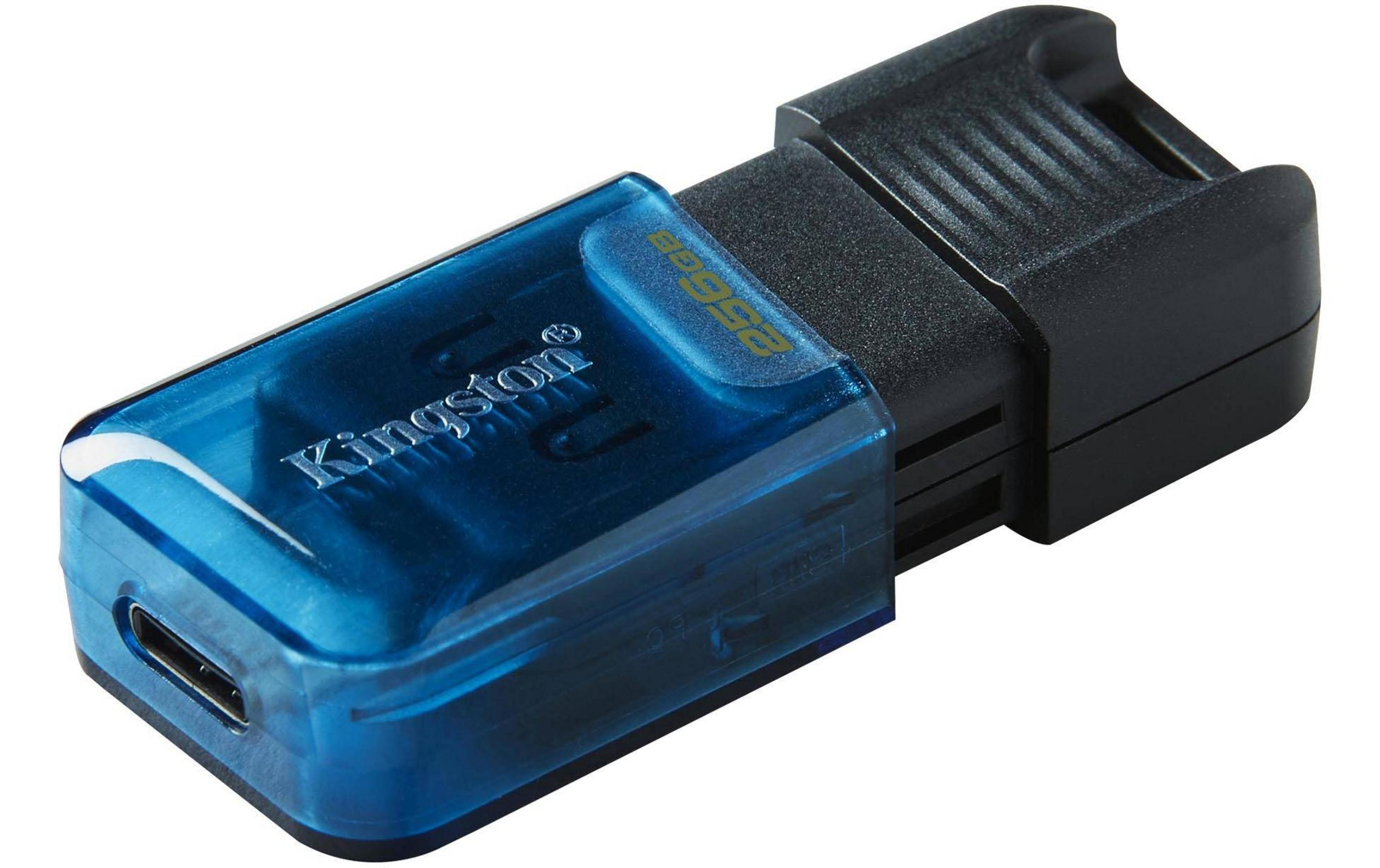 Unità Kingston USB-C con custodia blu e capacità di 256 GB.