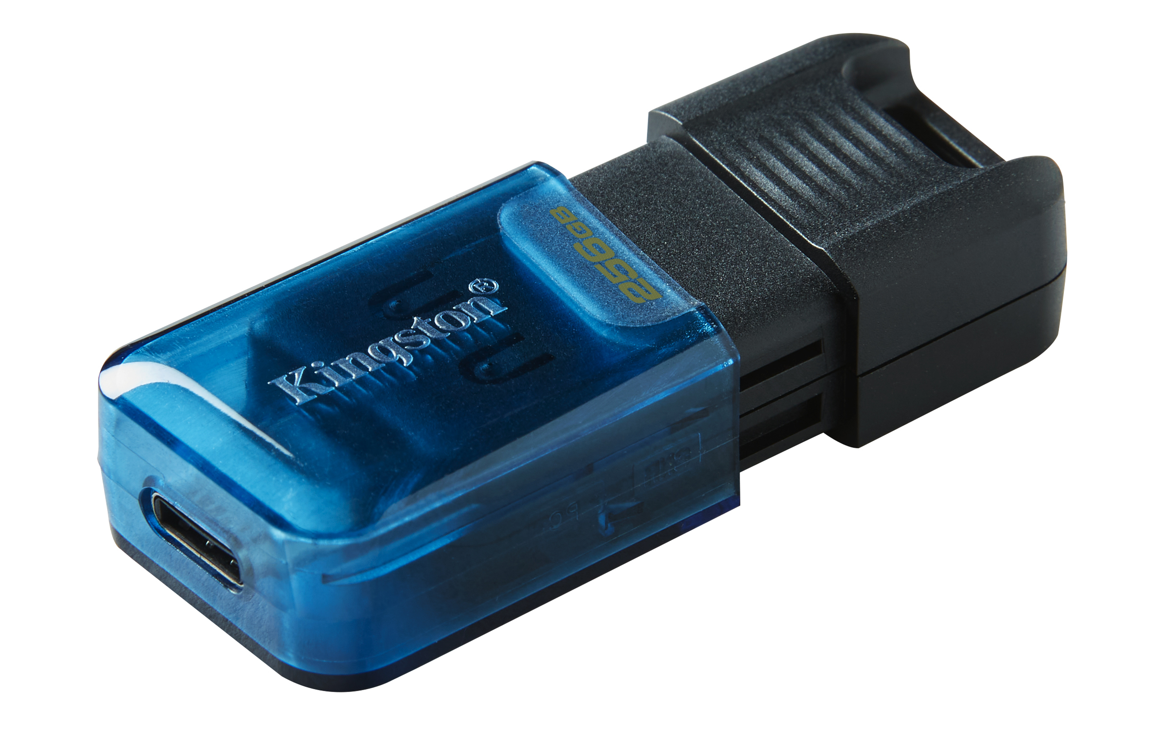 Un'unità USB Kingston blu con connettore nero ed etichetta da 256 GB.