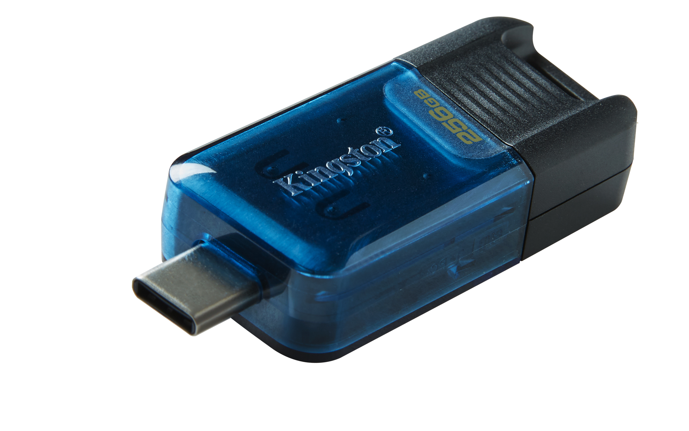 Una chiavetta USB Kingston blu da 256 GB con connettore di tipo C su sfondo bianco.