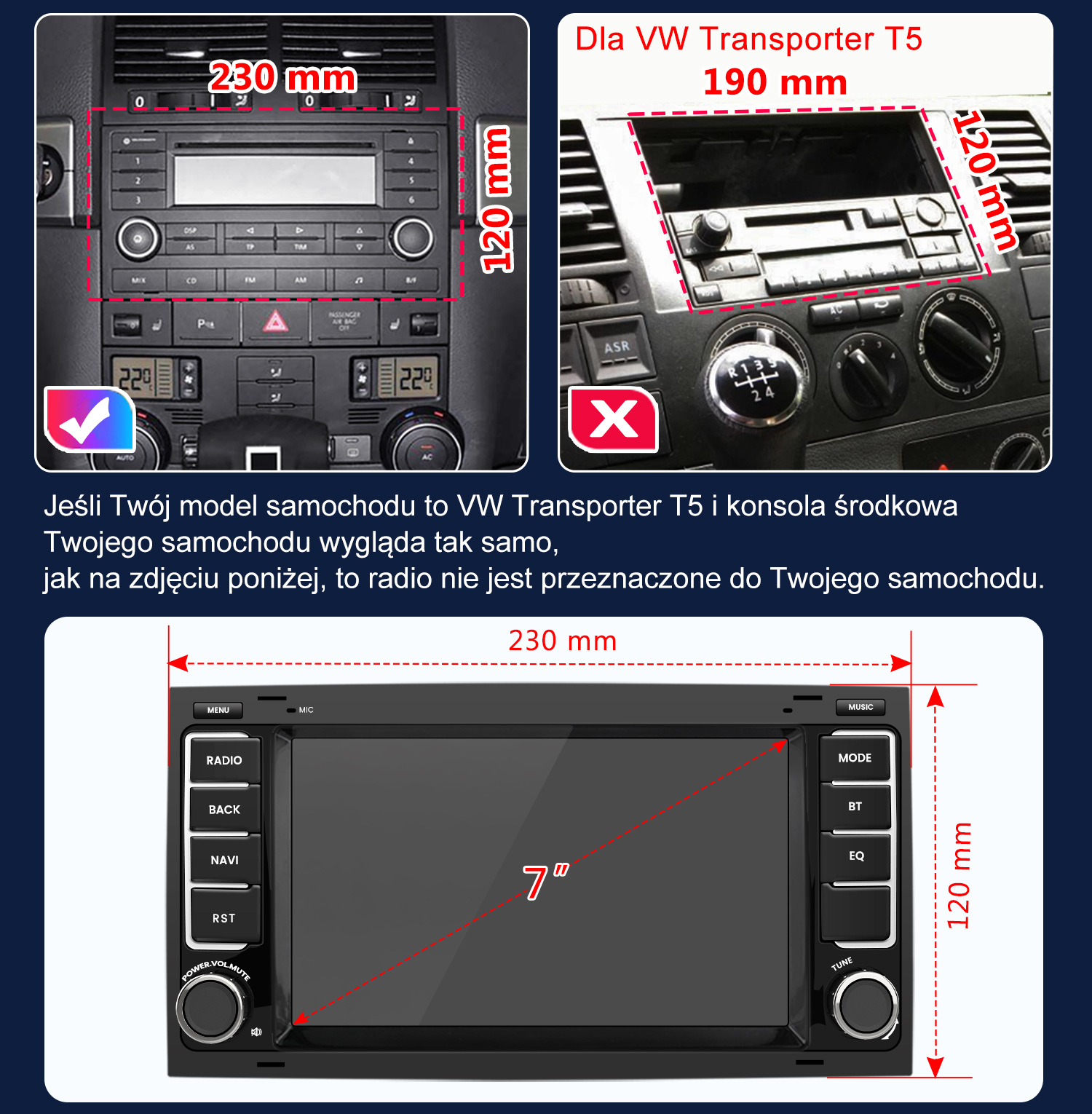 Wyświetlacz radia samochodowego z przyciskami i pokrętłami. Wymiary 230x120mm.
