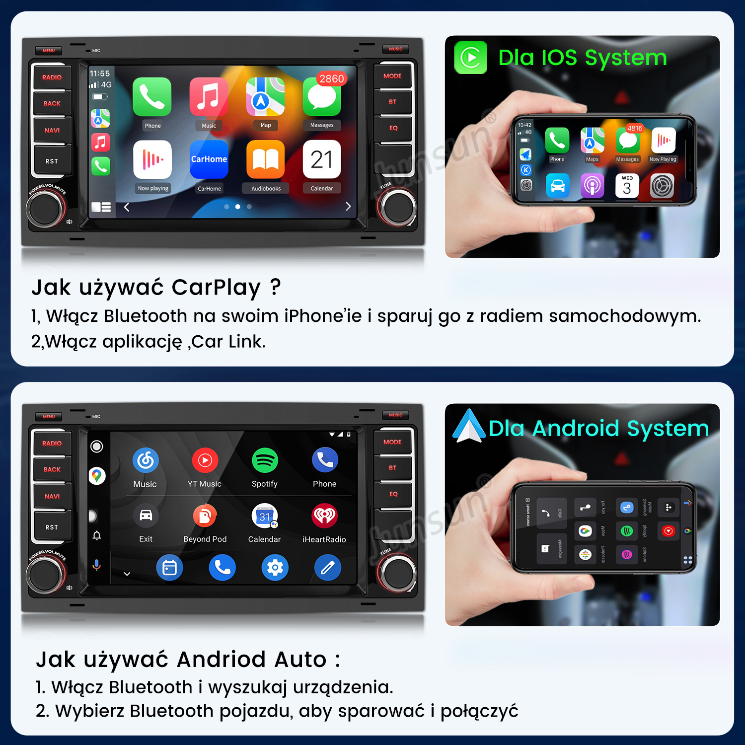 Dwa systemy infotainmentu samochodowego: CarPlay dla iOS i Android Auto z ikonami.