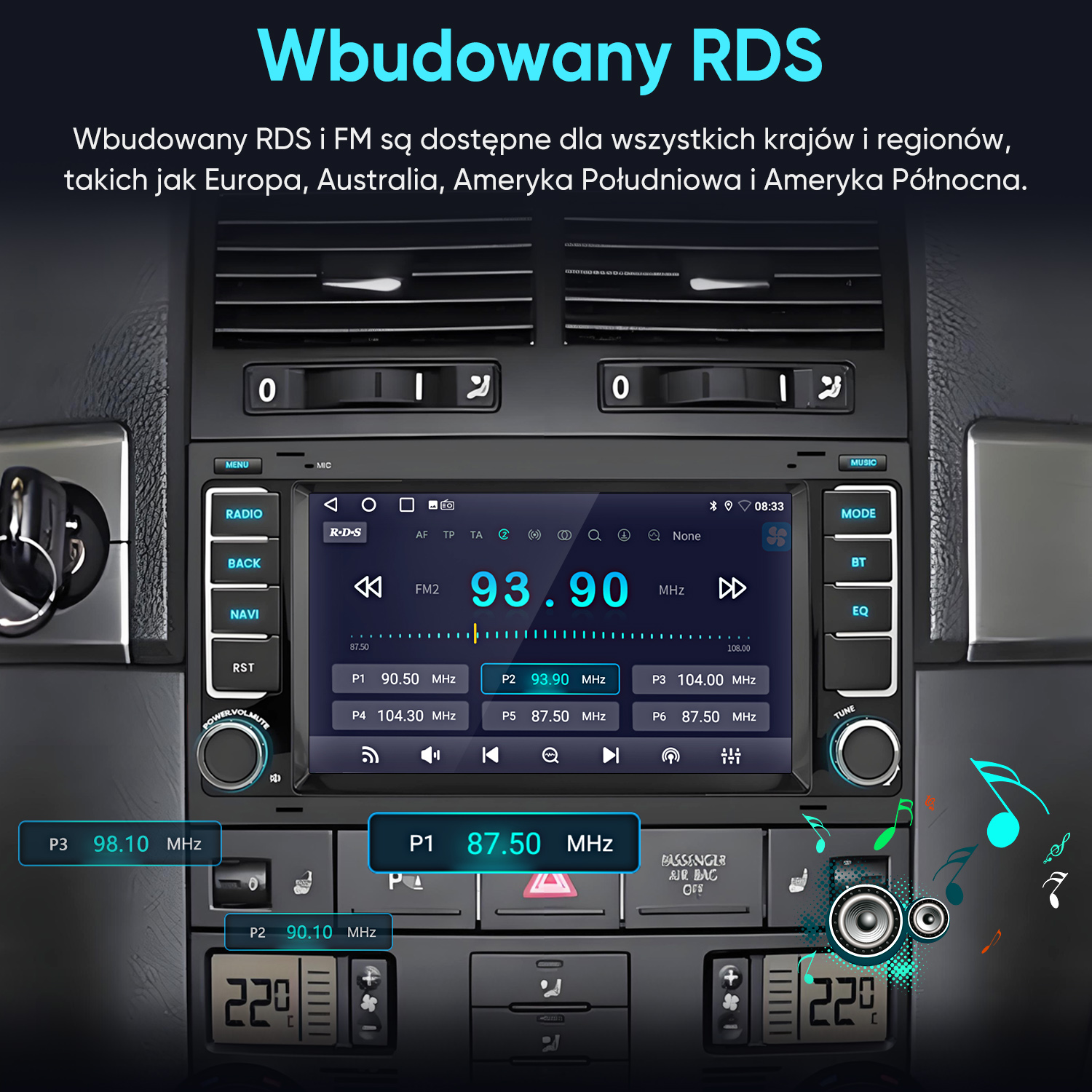 Nowoczesne radio samochodowe z ekranem dotykowym, obsługujące RDS i FM. Zapisane stacje.