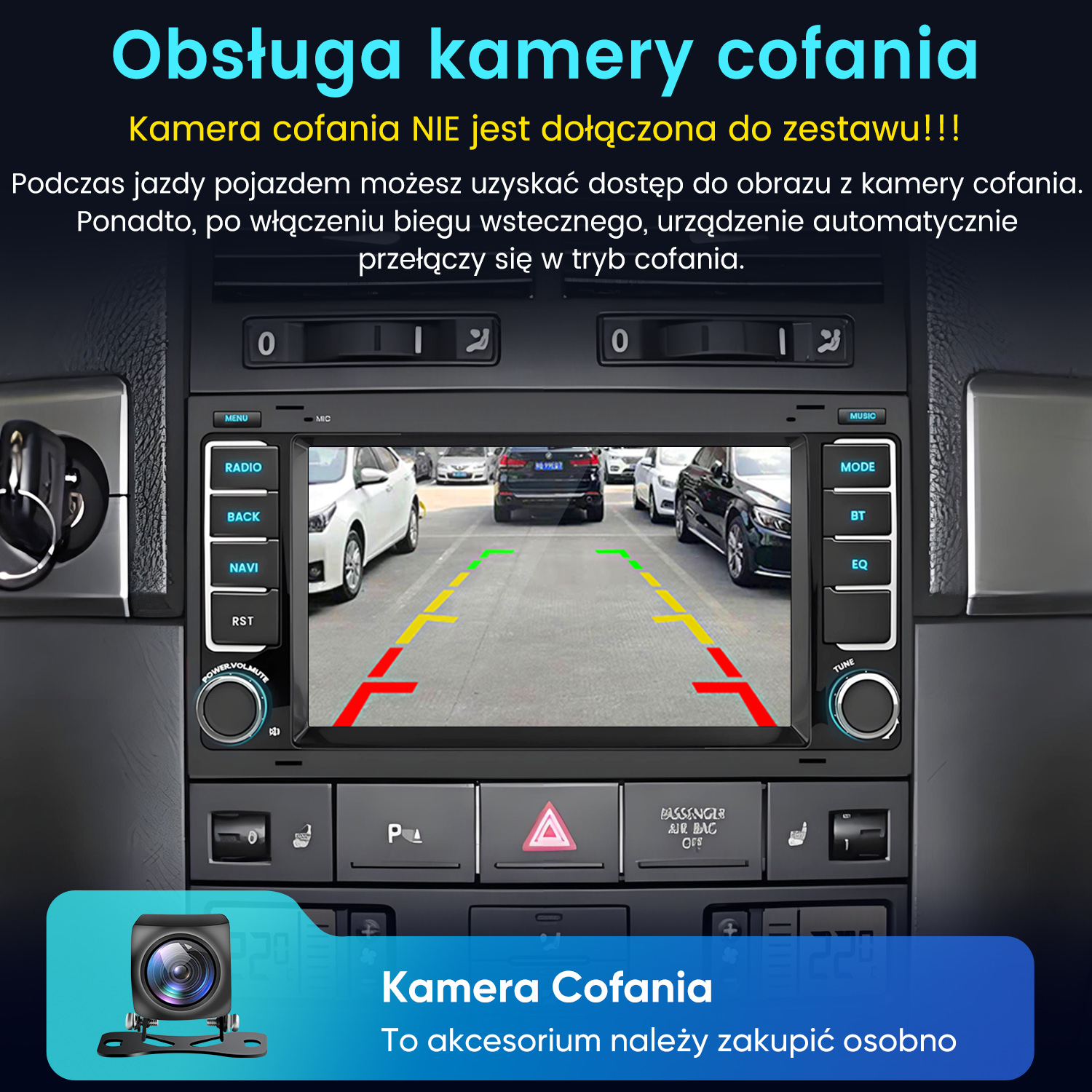 Ekran multimedialny samochodu z widokiem z kamery cofania. Kamera nie jest dołączona.