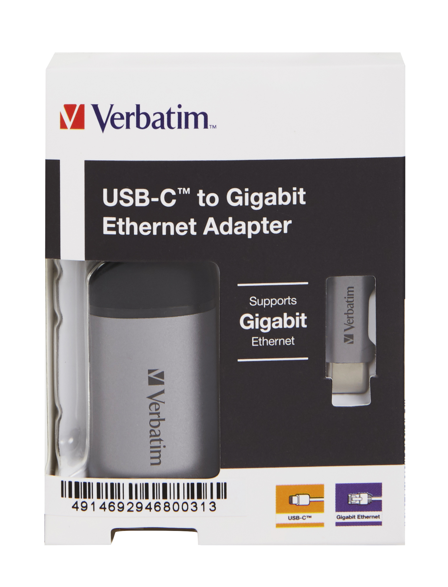 Verbatim USB-C zu Gigabit Ethernet Adapter Verpackung mit Adapter-Detailabbildungen.