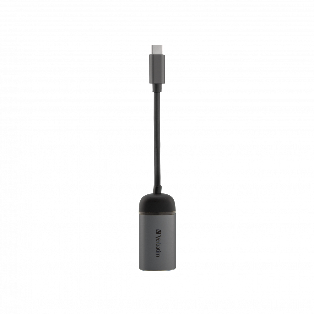 Ein grauer USB-C-Adapter mit schwarzem Kabel und Verbatim-Logo.